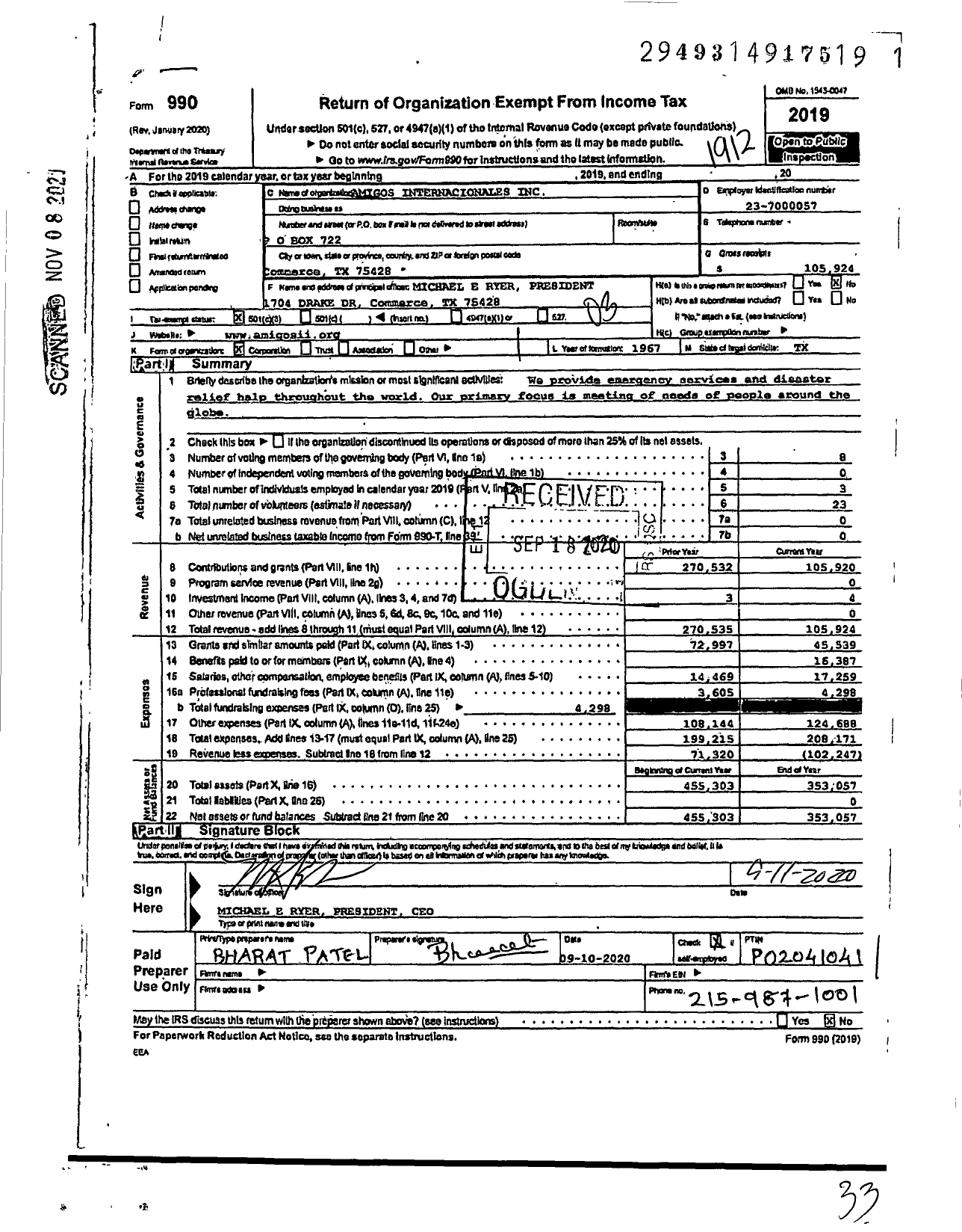 Image of first page of 2019 Form 990 for Amigos Internacionales