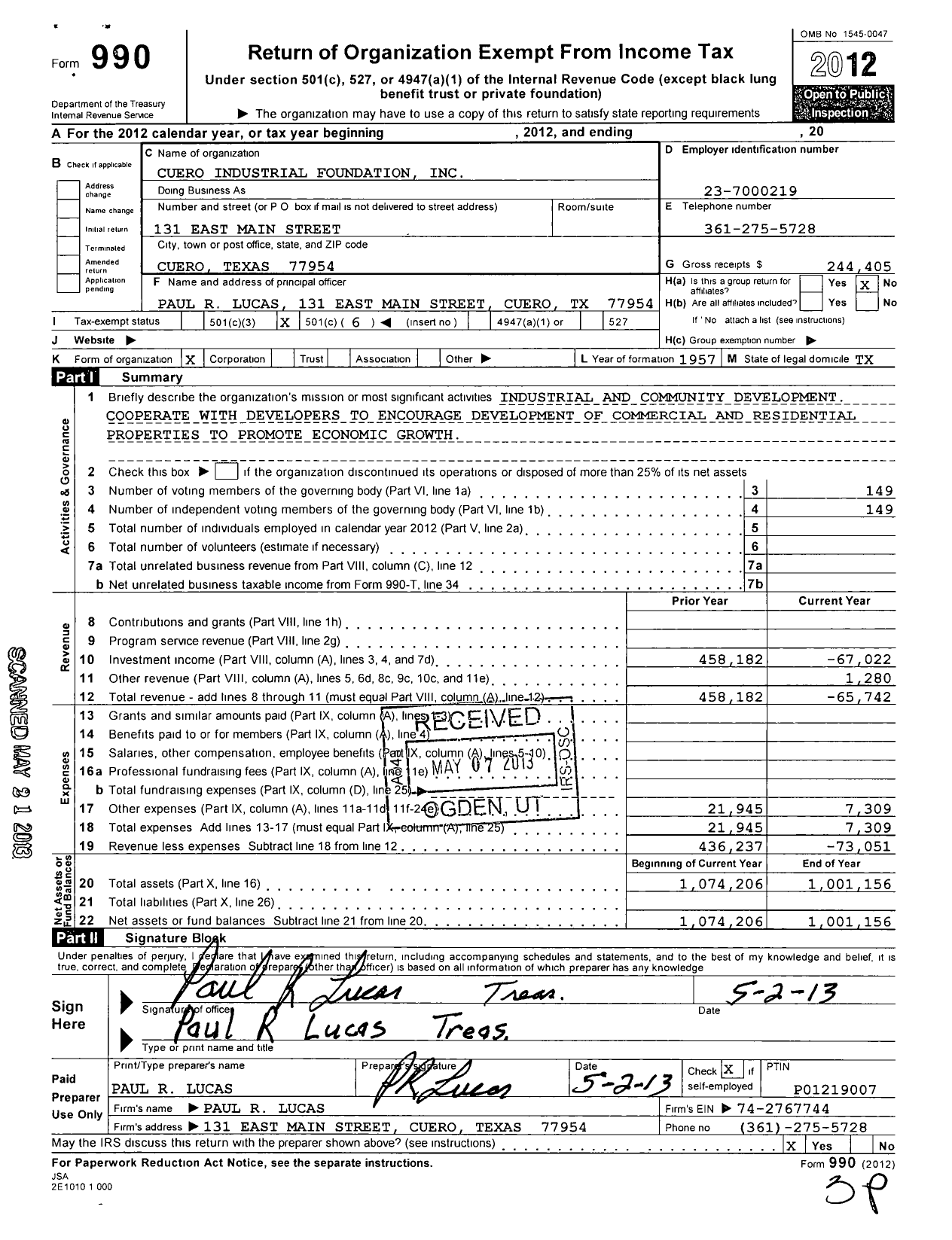 Image of first page of 2012 Form 990O for Cuero Industrial Foundation