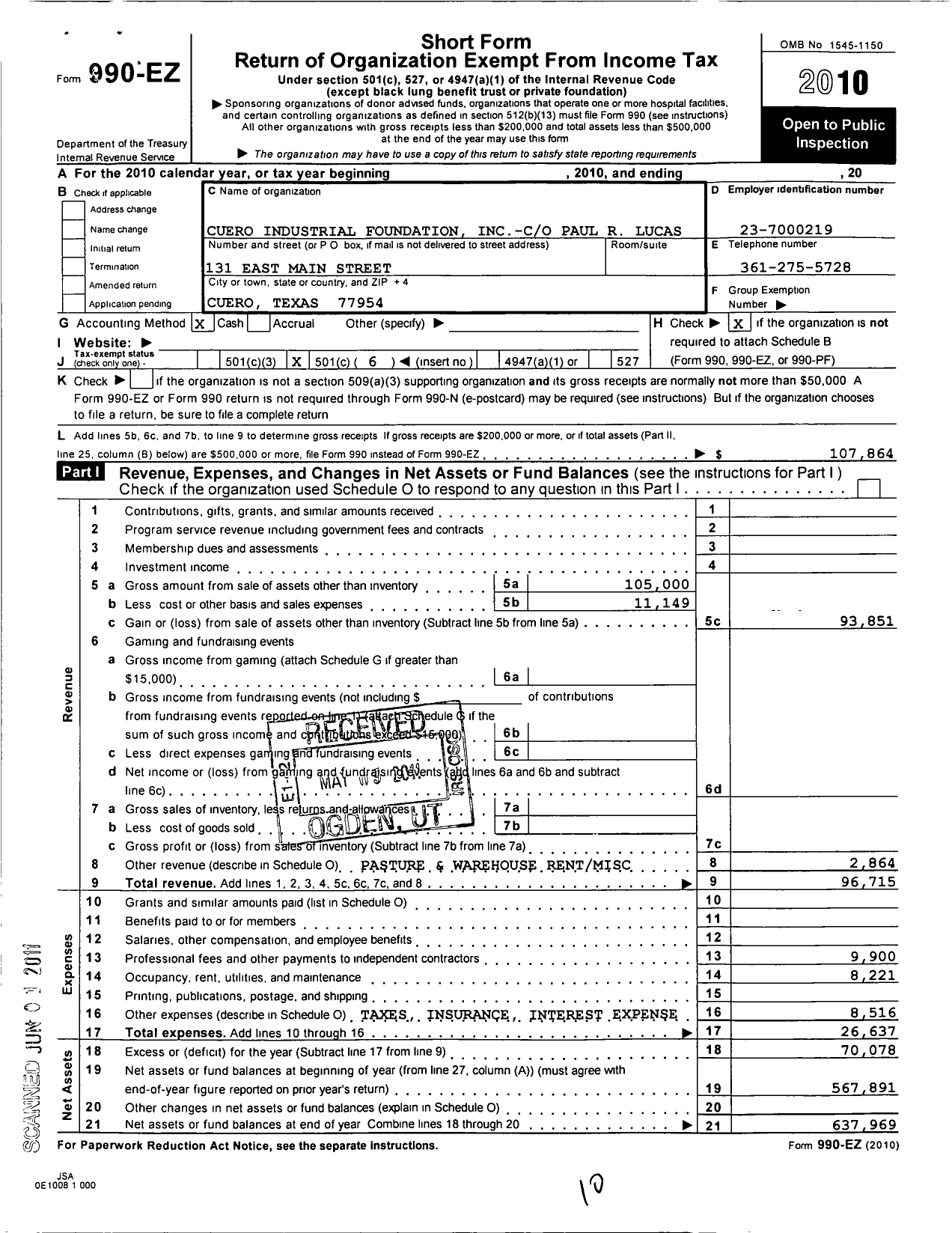 Image of first page of 2010 Form 990EO for Cuero Industrial Foundation