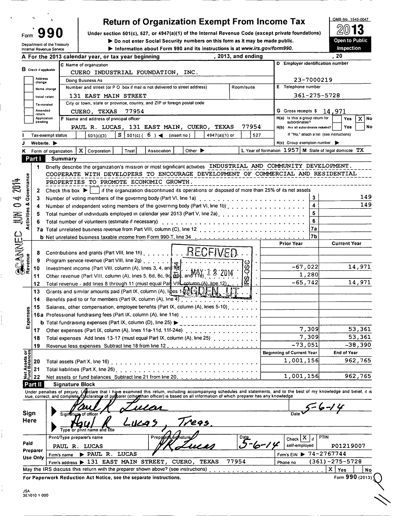 Image of first page of 2013 Form 990O for Cuero Industrial Foundation