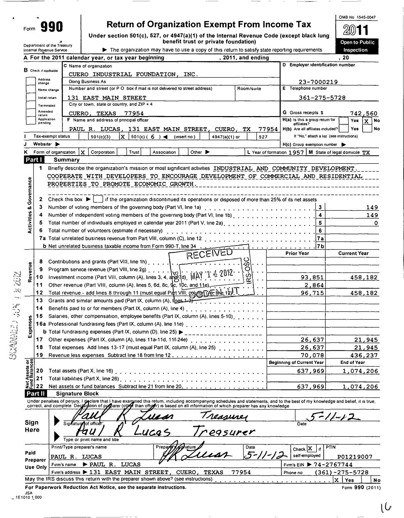 Image of first page of 2011 Form 990O for Cuero Industrial Foundation