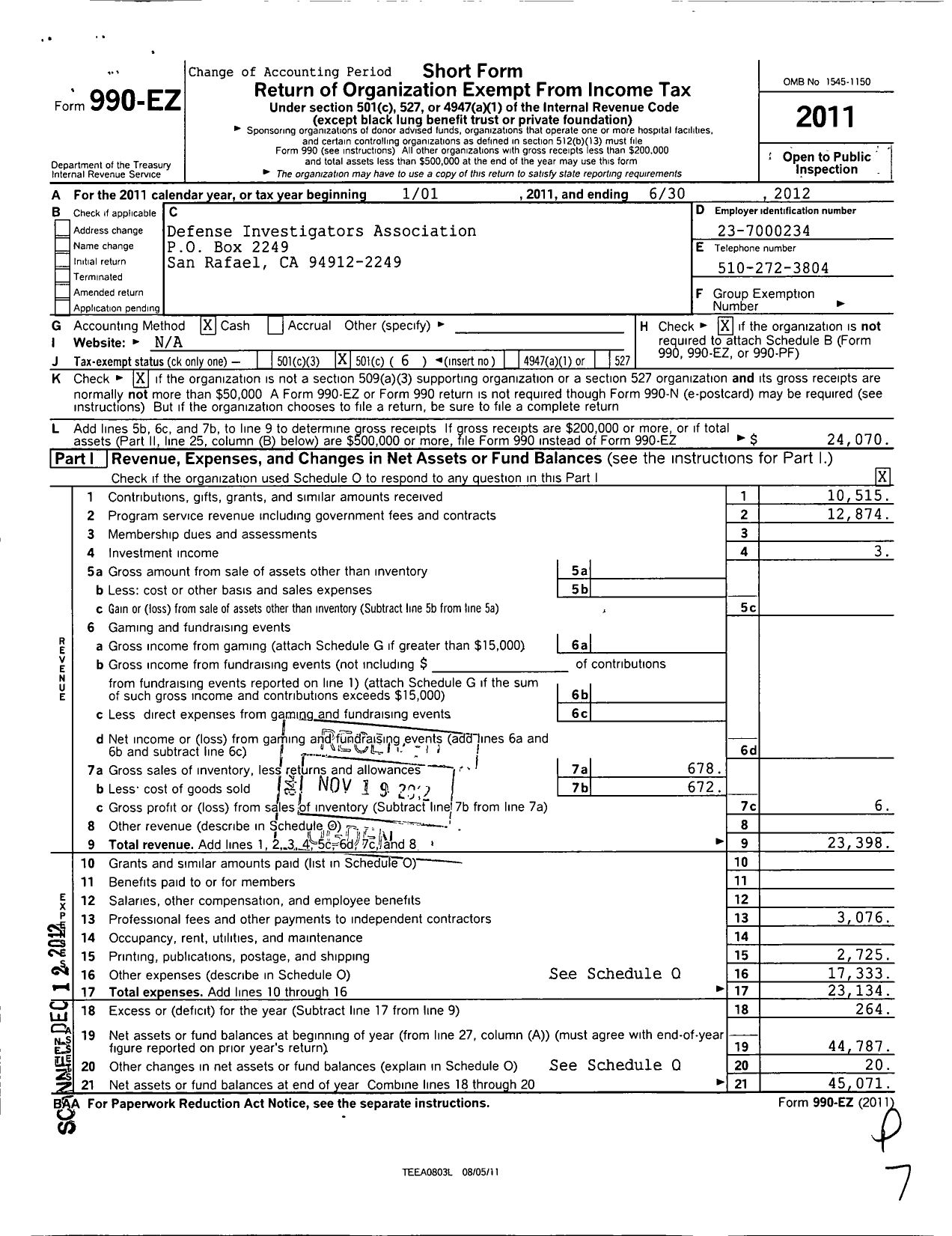 Image of first page of 2011 Form 990EO for Defense Investigators Association