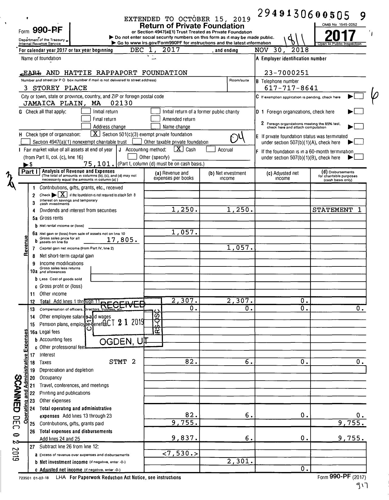 Image of first page of 2017 Form 990PF for Earl and Hattie Rappaport Foundation