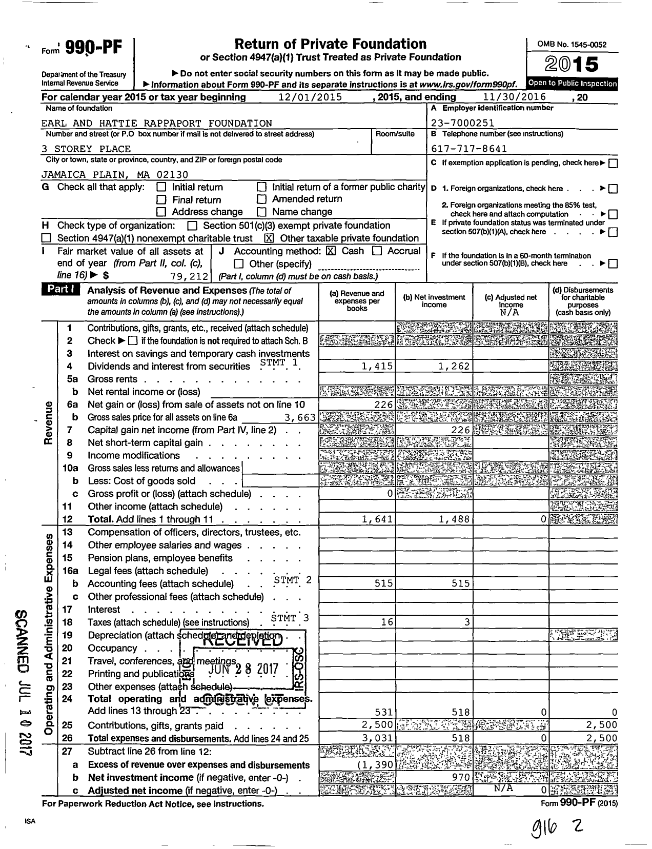 Image of first page of 2015 Form 990PF for Earl and Hattie Rappaport Foundation