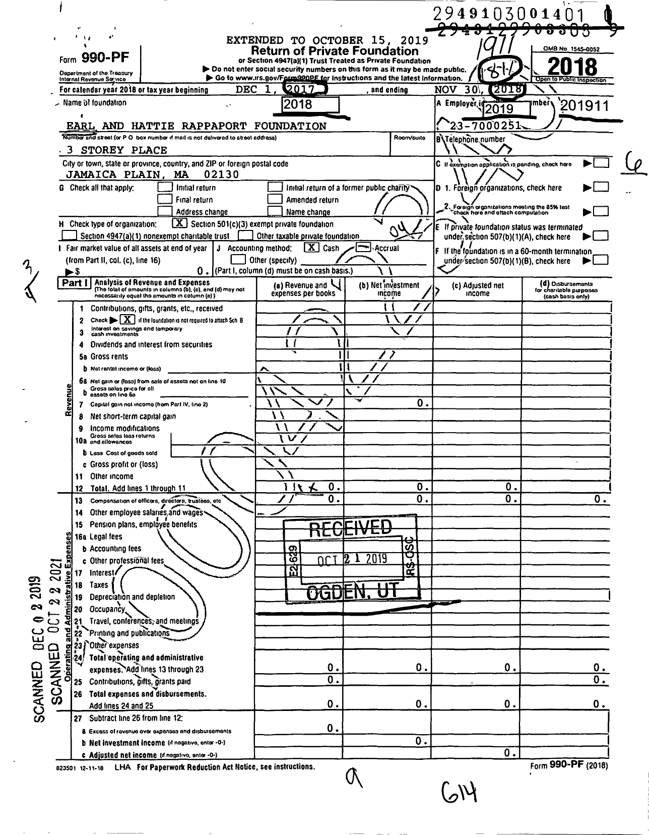 Image of first page of 2018 Form 990PF for Earl and Hattie Rappaport Foundation