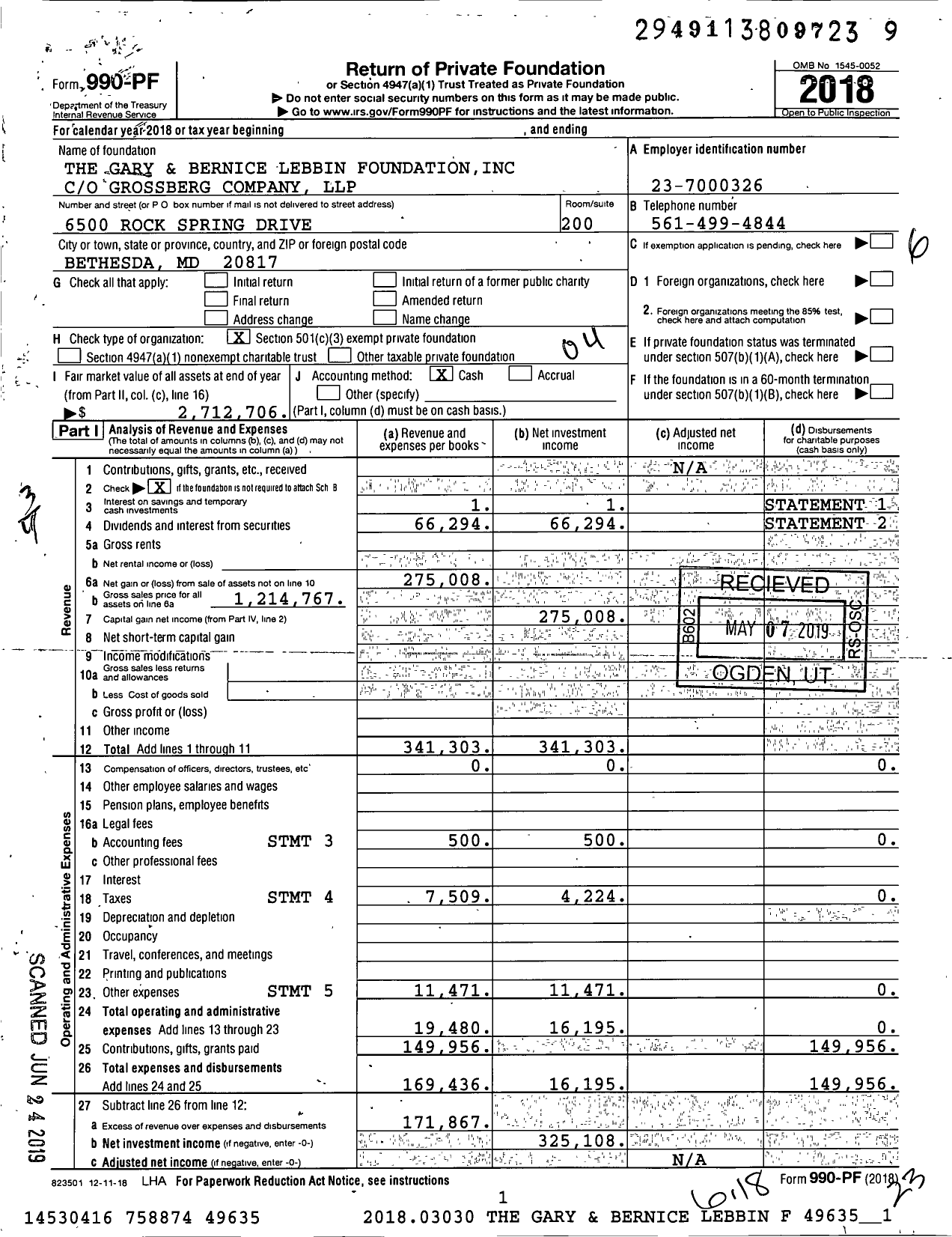 Image of first page of 2018 Form 990PF for The Gary and Bernice Lebbin Foundation