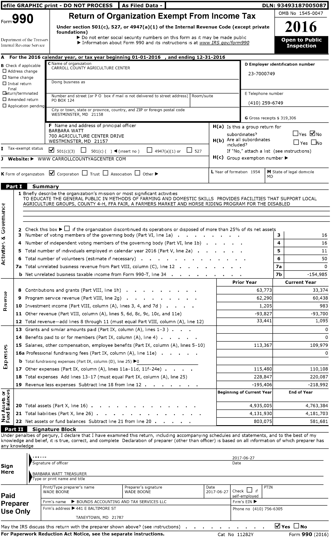 Image of first page of 2016 Form 990 for Carroll County Agriculture Center