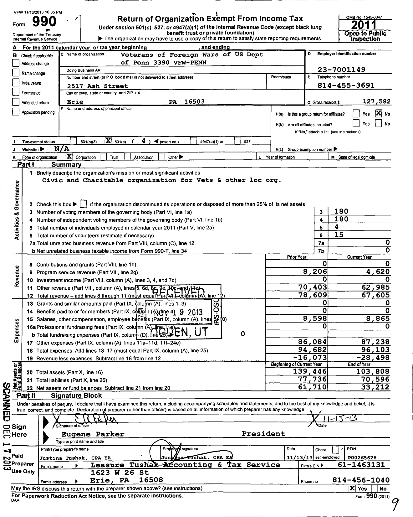 Image of first page of 2011 Form 990O for VFW Department of Pennsylvania - 3390 Vfw-Penn