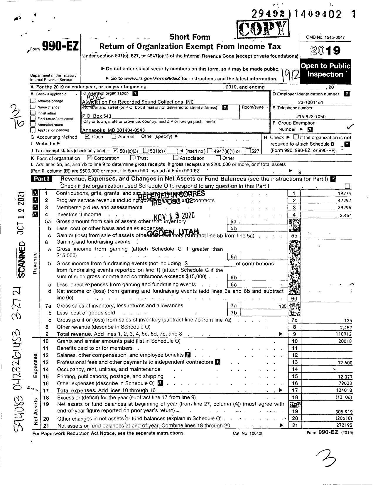 Image of first page of 2019 Form 990EZ for Association for Recorded Sound Collections