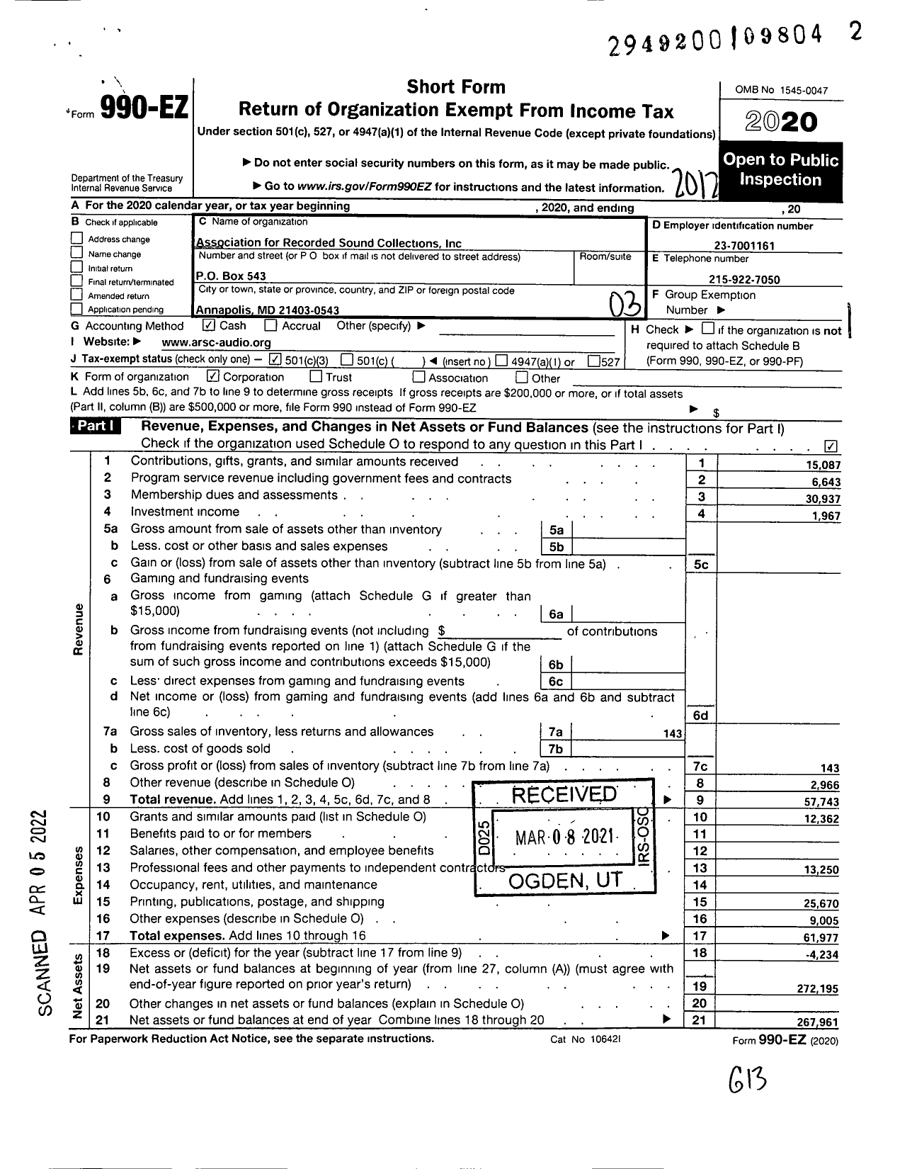 Image of first page of 2020 Form 990EZ for Association for Recorded Sound Collections