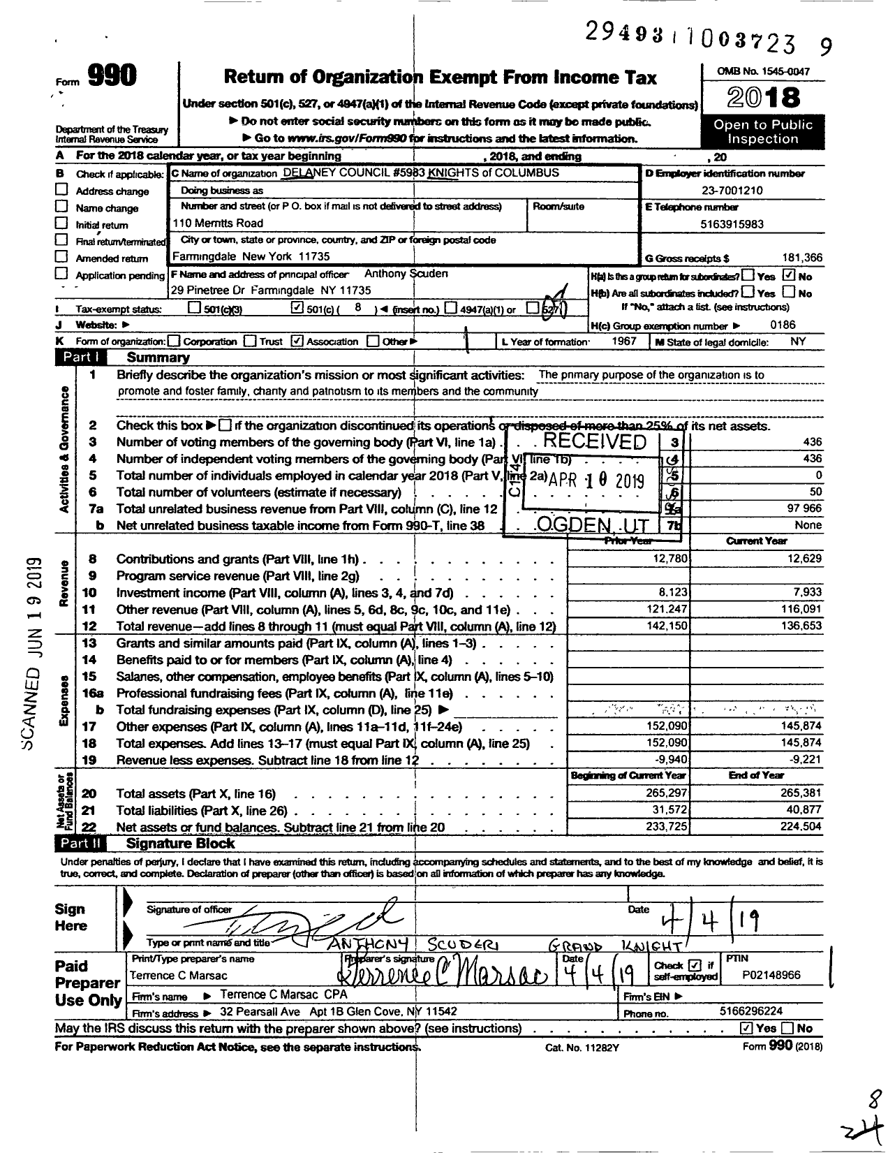 Image of first page of 2018 Form 990O for Delaney Council 5983 Knights of Columbus