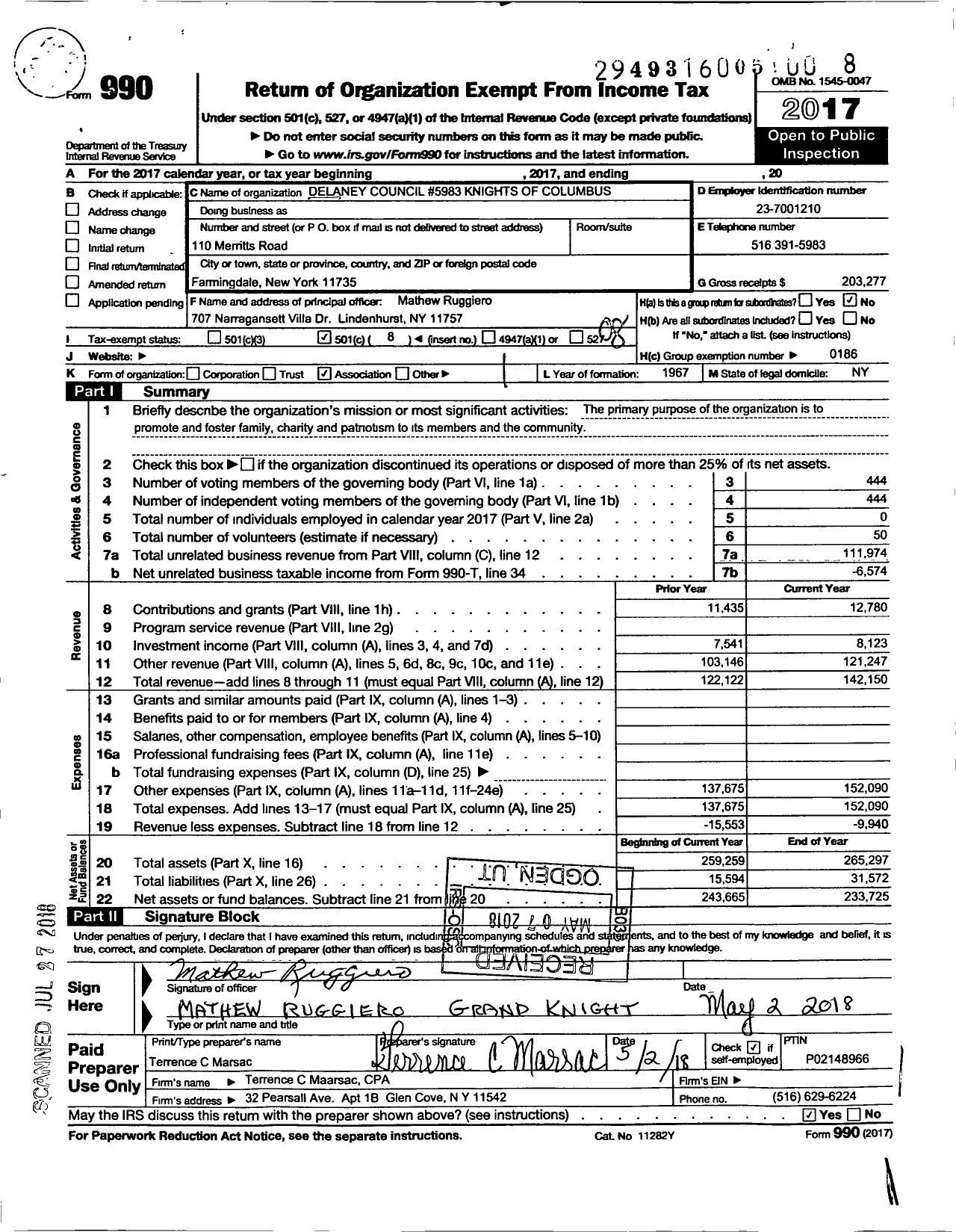 Image of first page of 2017 Form 990O for Delaney Council 5983 Knights of Columbus