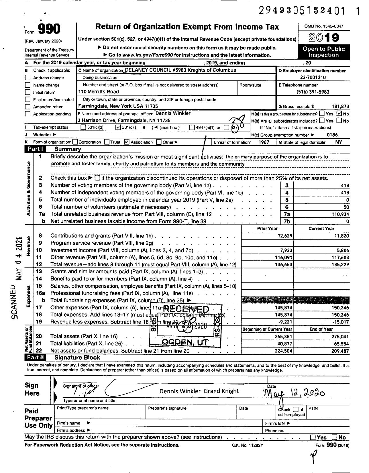 Image of first page of 2019 Form 990O for Delaney Council 5983 Knights of Columbus