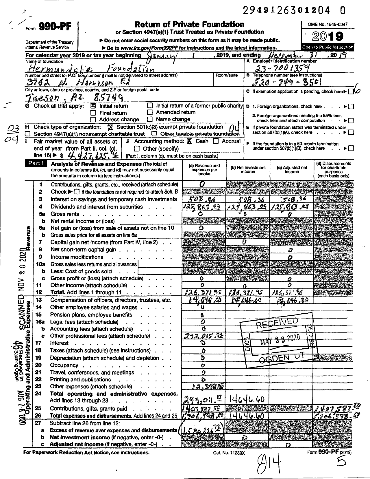 Image of first page of 2019 Form 990PF for Hermundslie Foundation