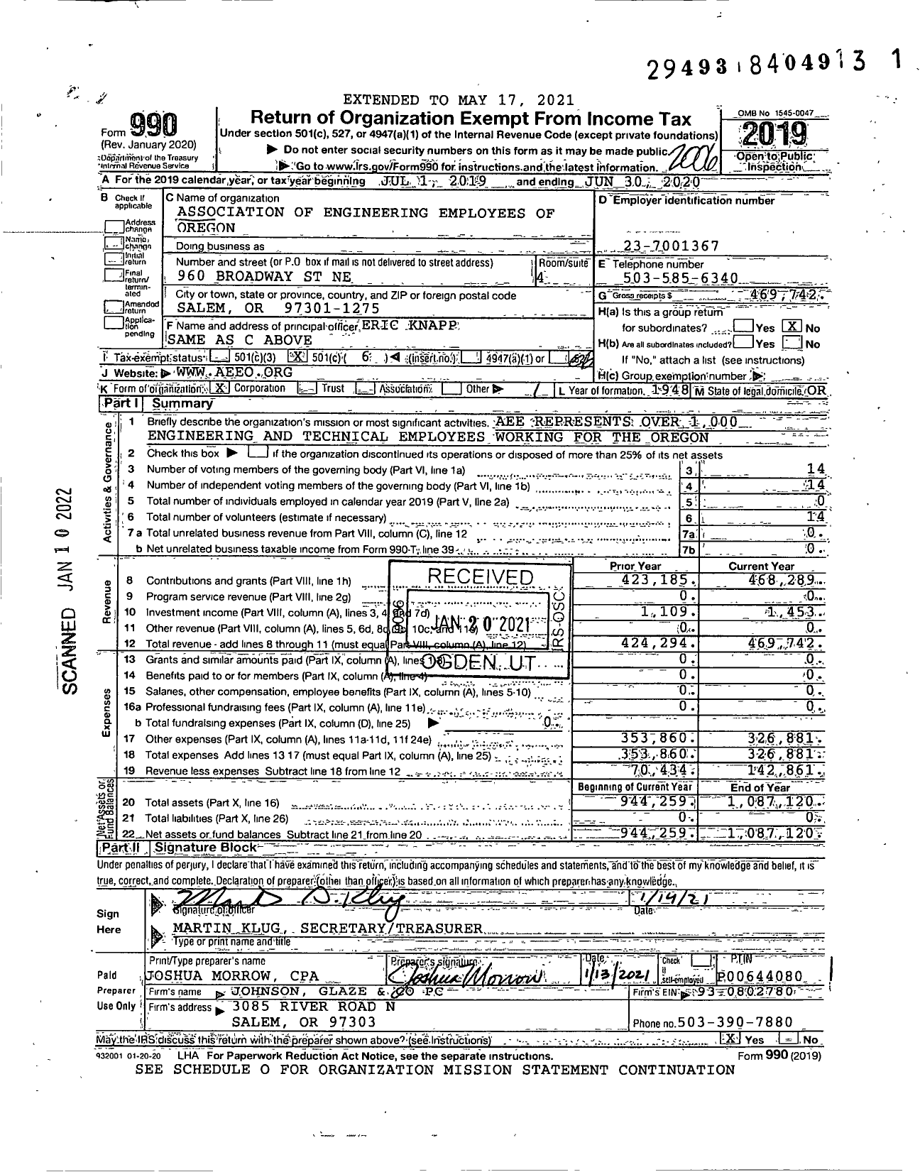 Image of first page of 2019 Form 990O for Association of Engineering Employees of Oregon