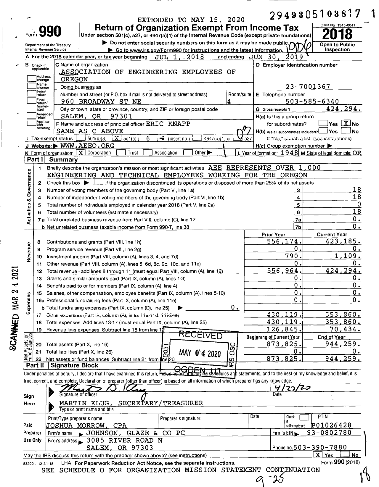 Image of first page of 2018 Form 990 for Association of Engineering Employees of Oregon