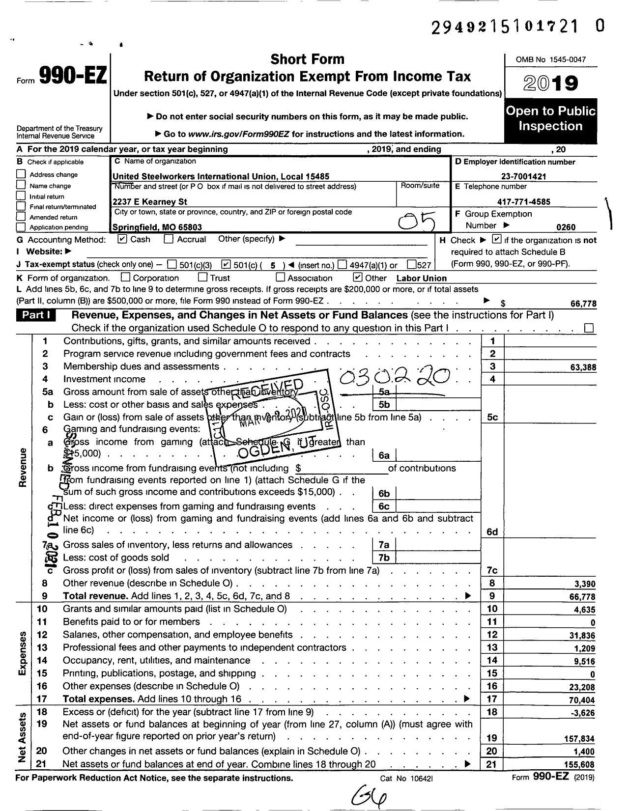 Image of first page of 2019 Form 990EO for United Steelworkers - 15485 Local