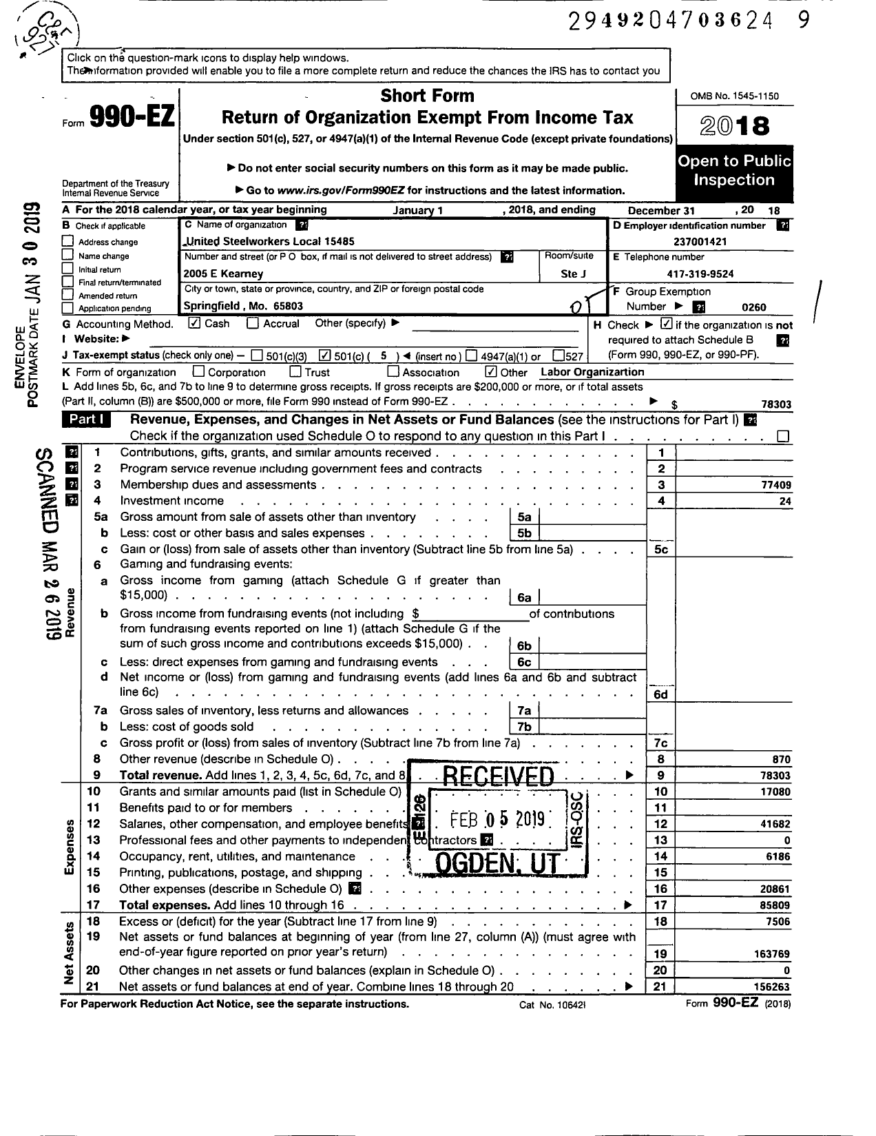 Image of first page of 2018 Form 990EO for United Steelworkers - 15485 Local