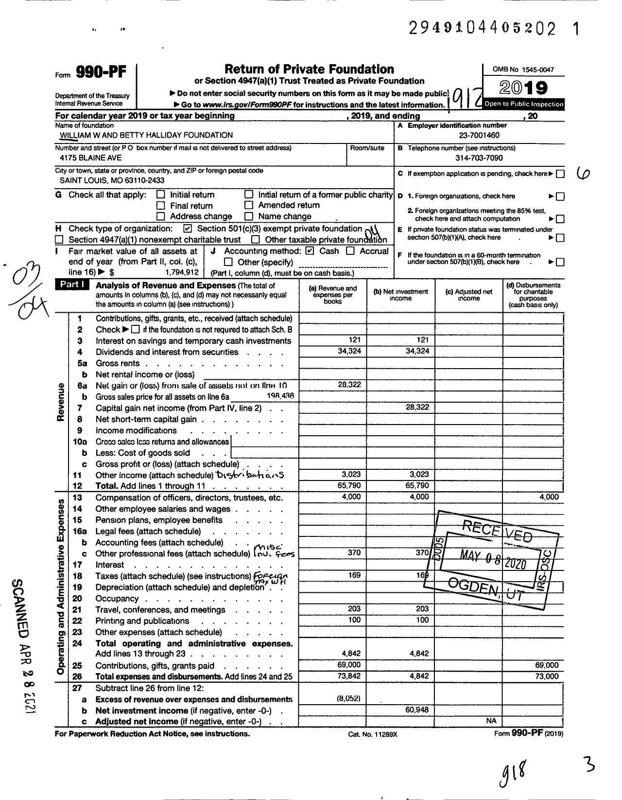 Image of first page of 2019 Form 990PF for William W and Betty Halliday Foundation