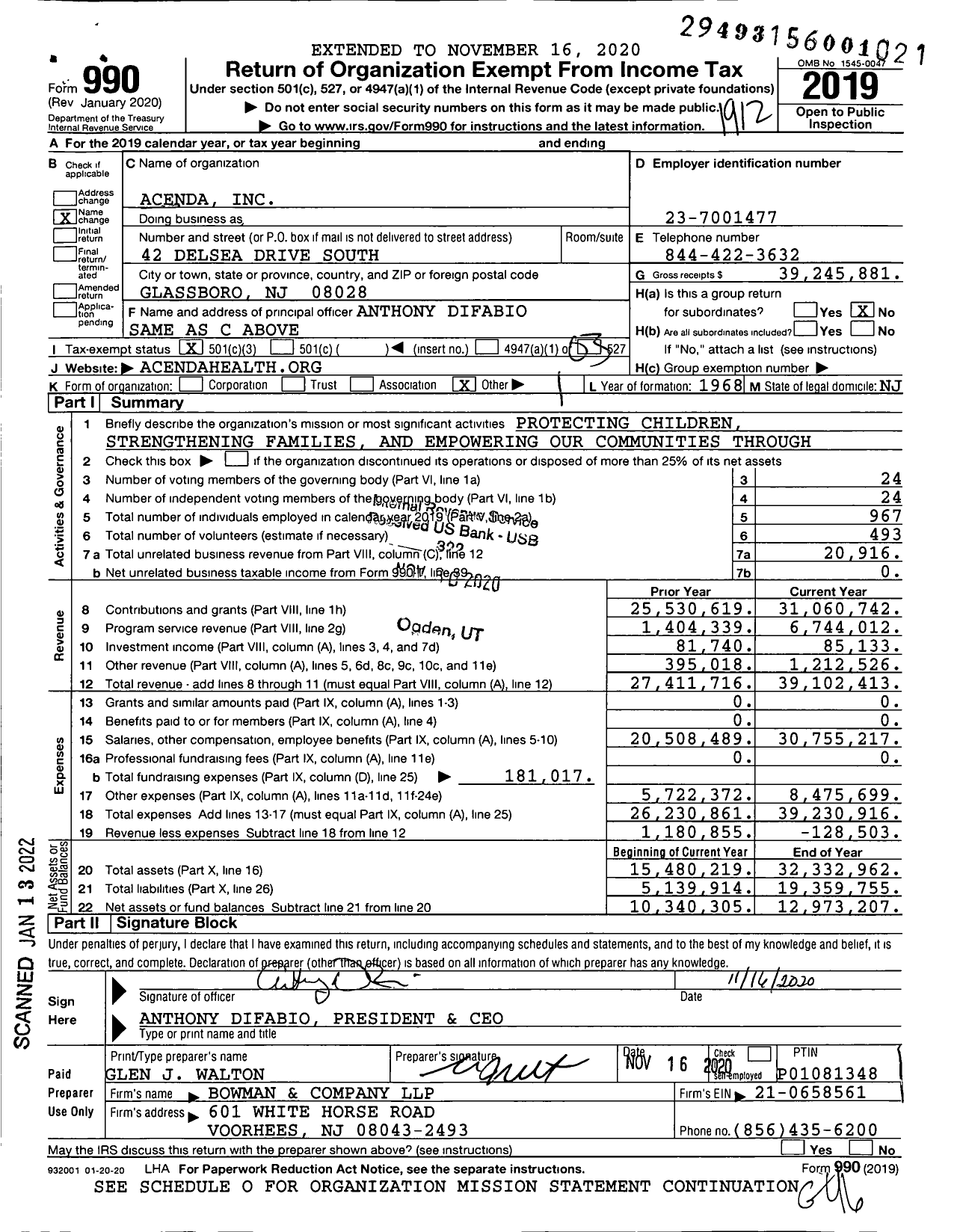 Image of first page of 2019 Form 990 for Acenda Integrated Health