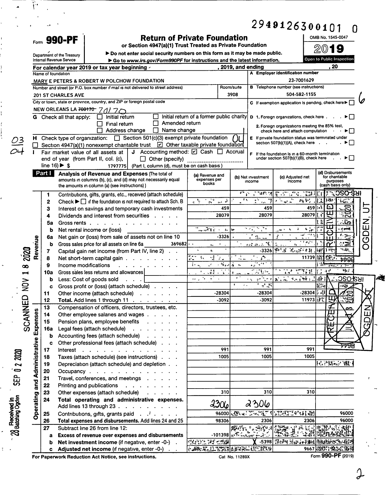 Image of first page of 2019 Form 990PF for Mary E Peters and Robert W Polchow Foundation