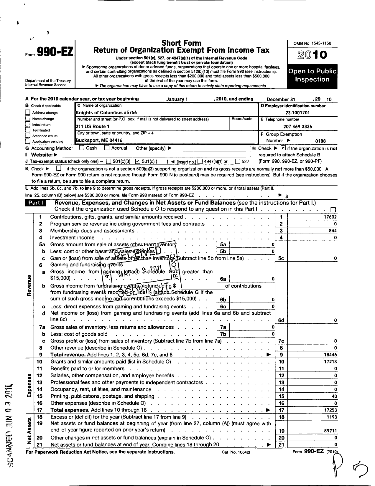 Image of first page of 2010 Form 990EO for Knights of Columbus - George E Dandaneau Council 5756