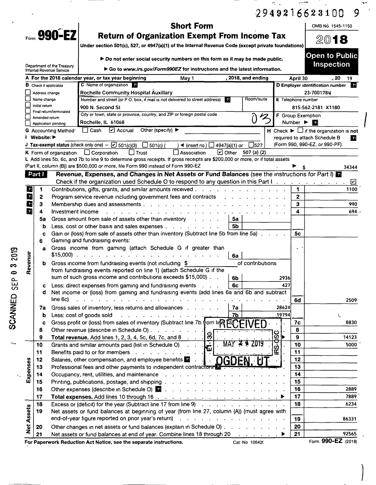 Image of first page of 2018 Form 990EZ for Rochelle Community Hospital Auxiliary