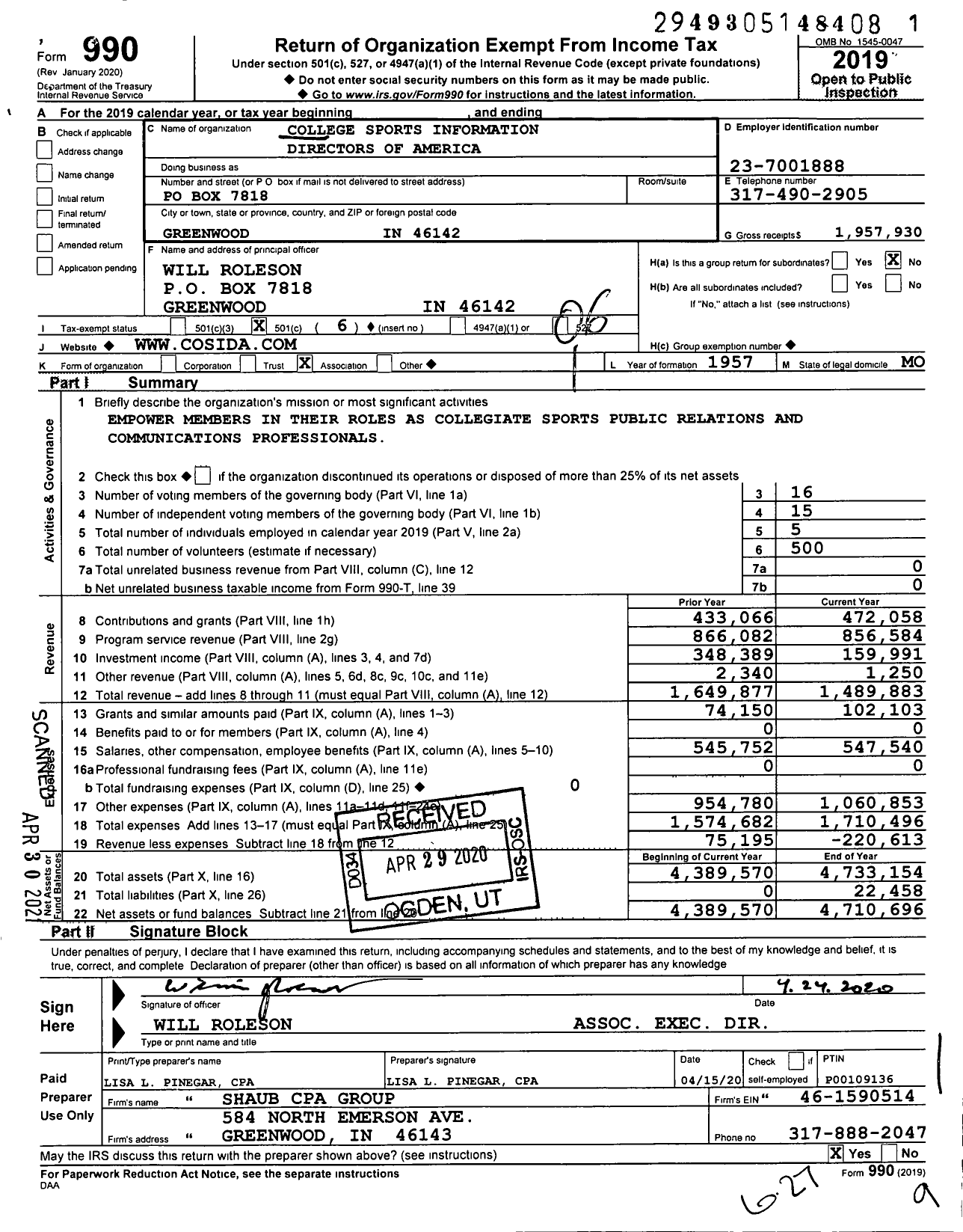 Image of first page of 2019 Form 990O for College Sports Communicators