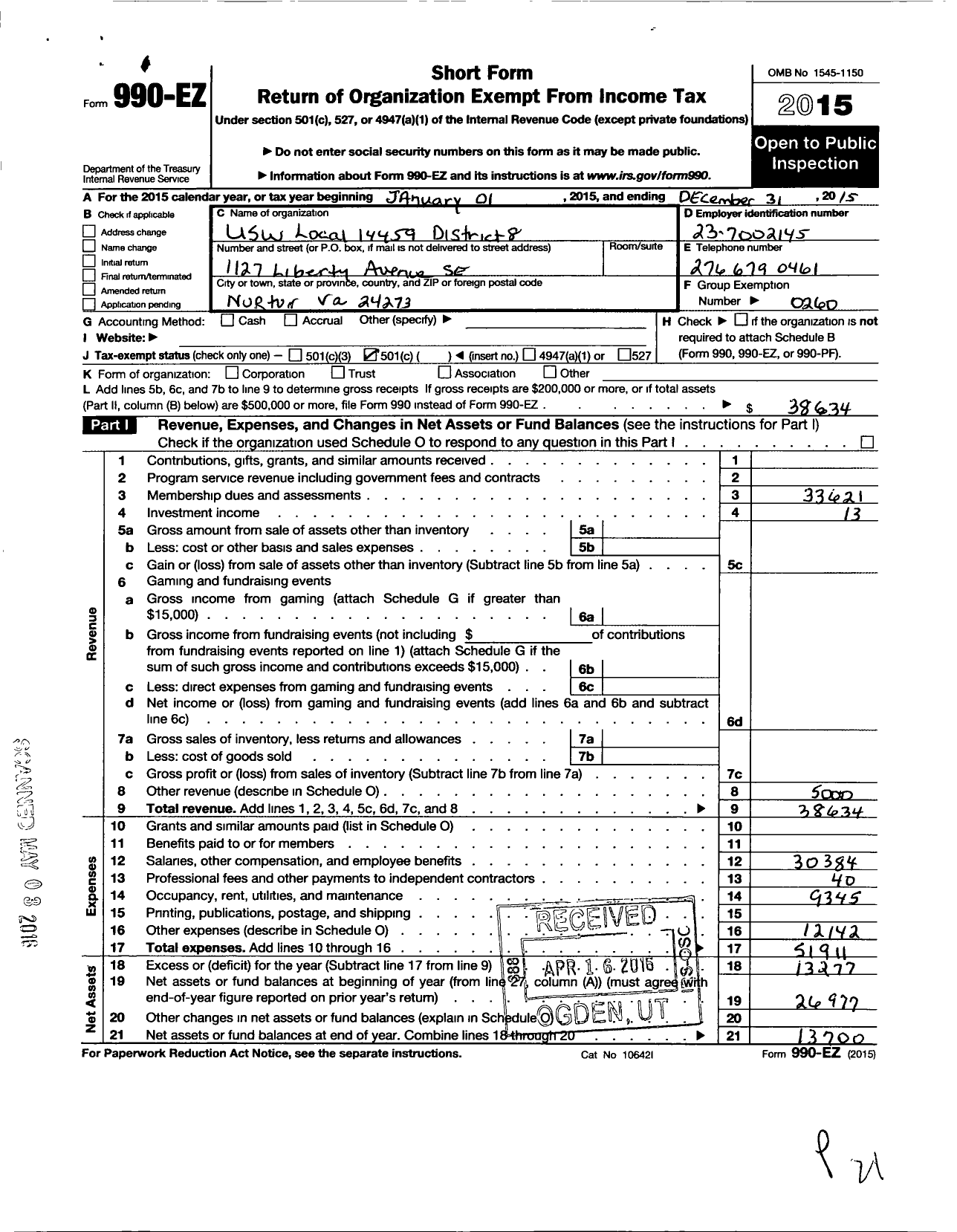 Image of first page of 2015 Form 990EO for United Steelworkers - 14459 Local District 8