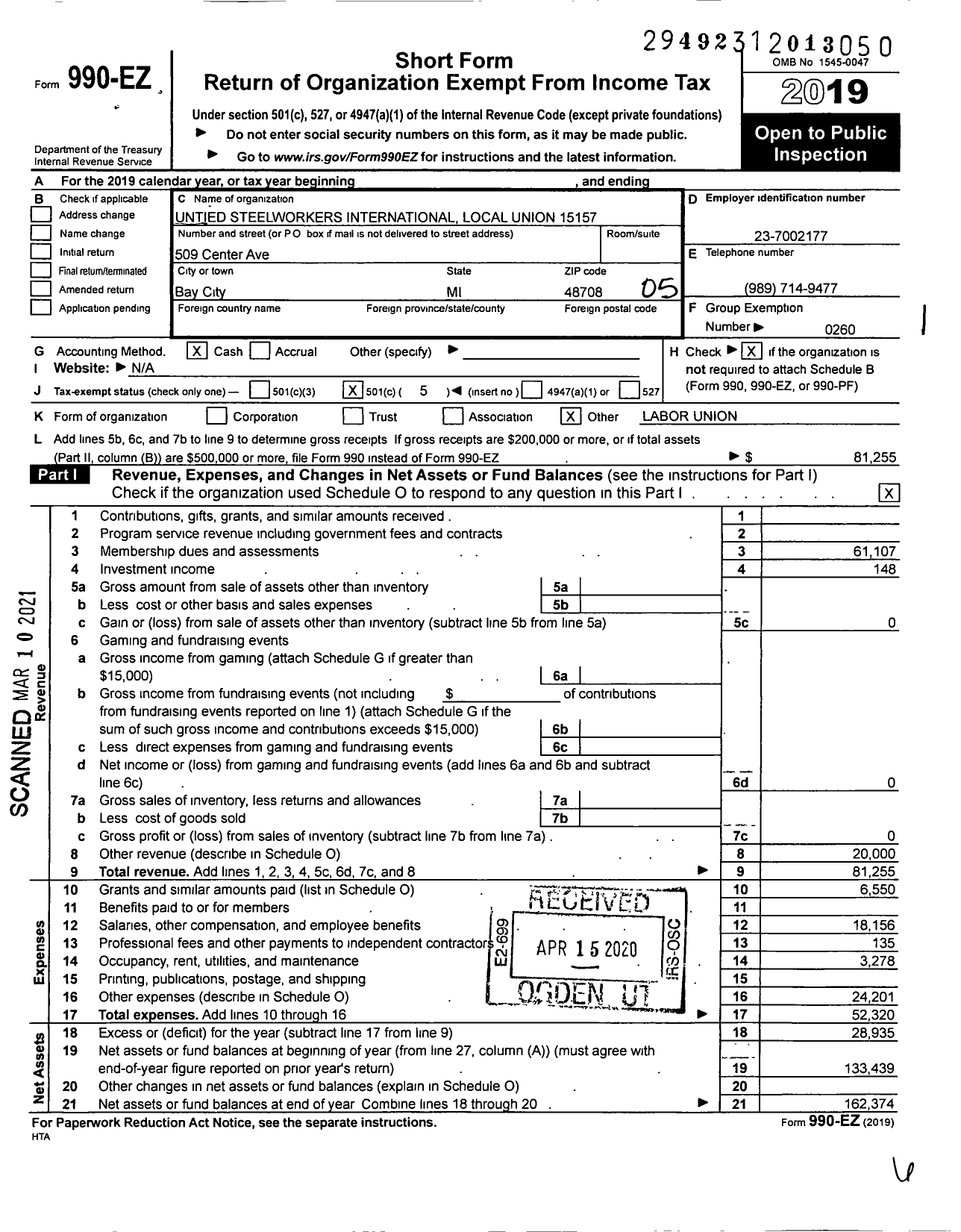 Image of first page of 2019 Form 990EO for United Steelworkers - 15157 Local