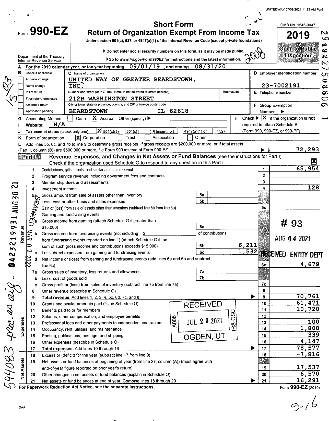 Image of first page of 2019 Form 990EZ for United Way of Greater Beardstown