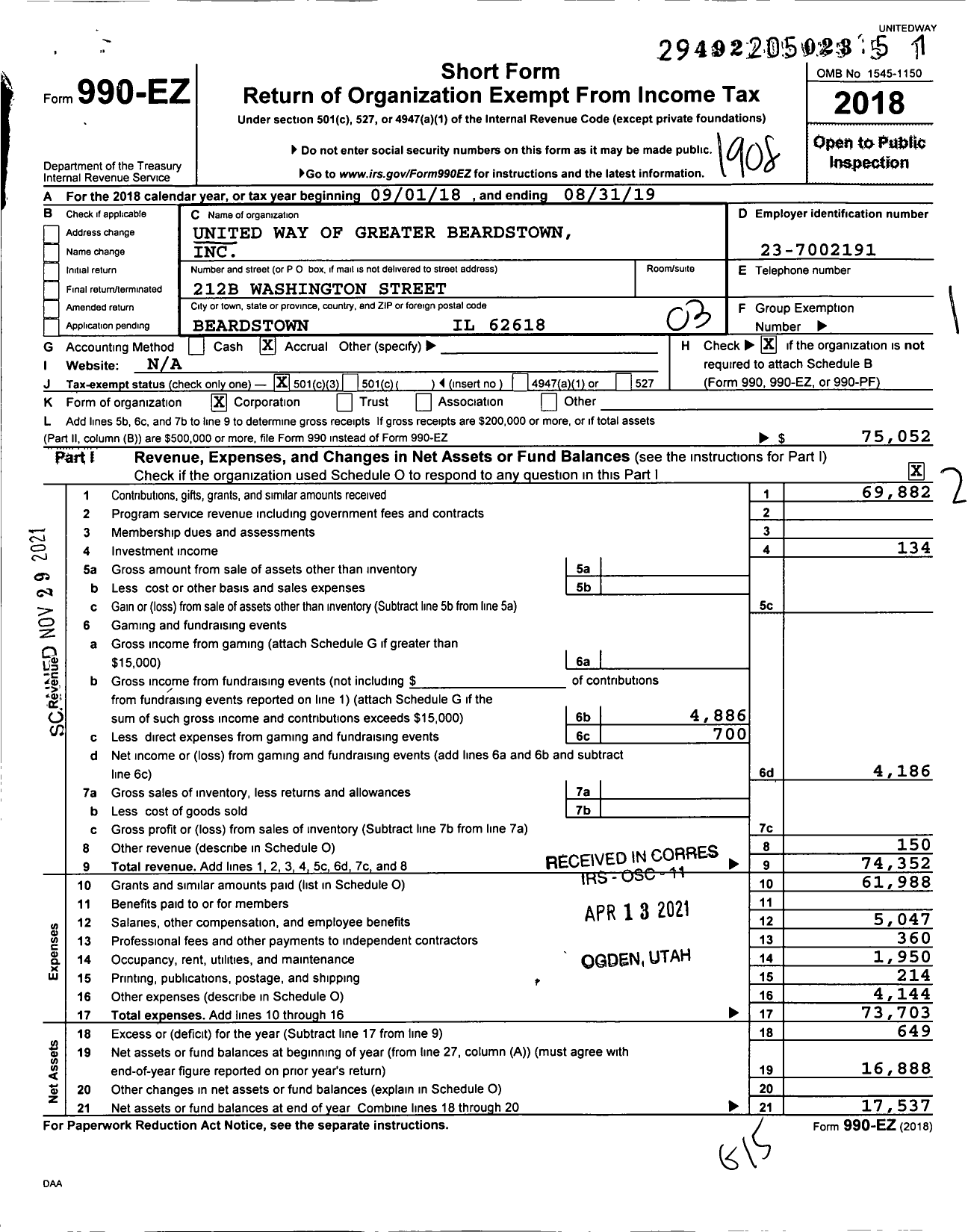 Image of first page of 2018 Form 990EZ for United Way of Greater Beardstown