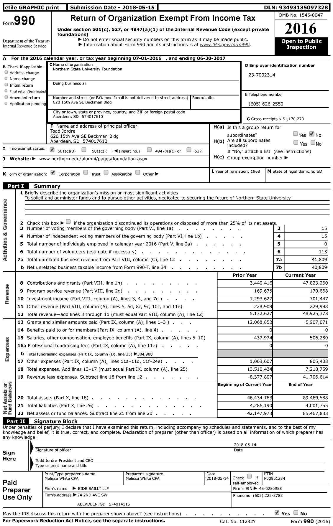 Image of first page of 2016 Form 990 for Northern State University Foundation