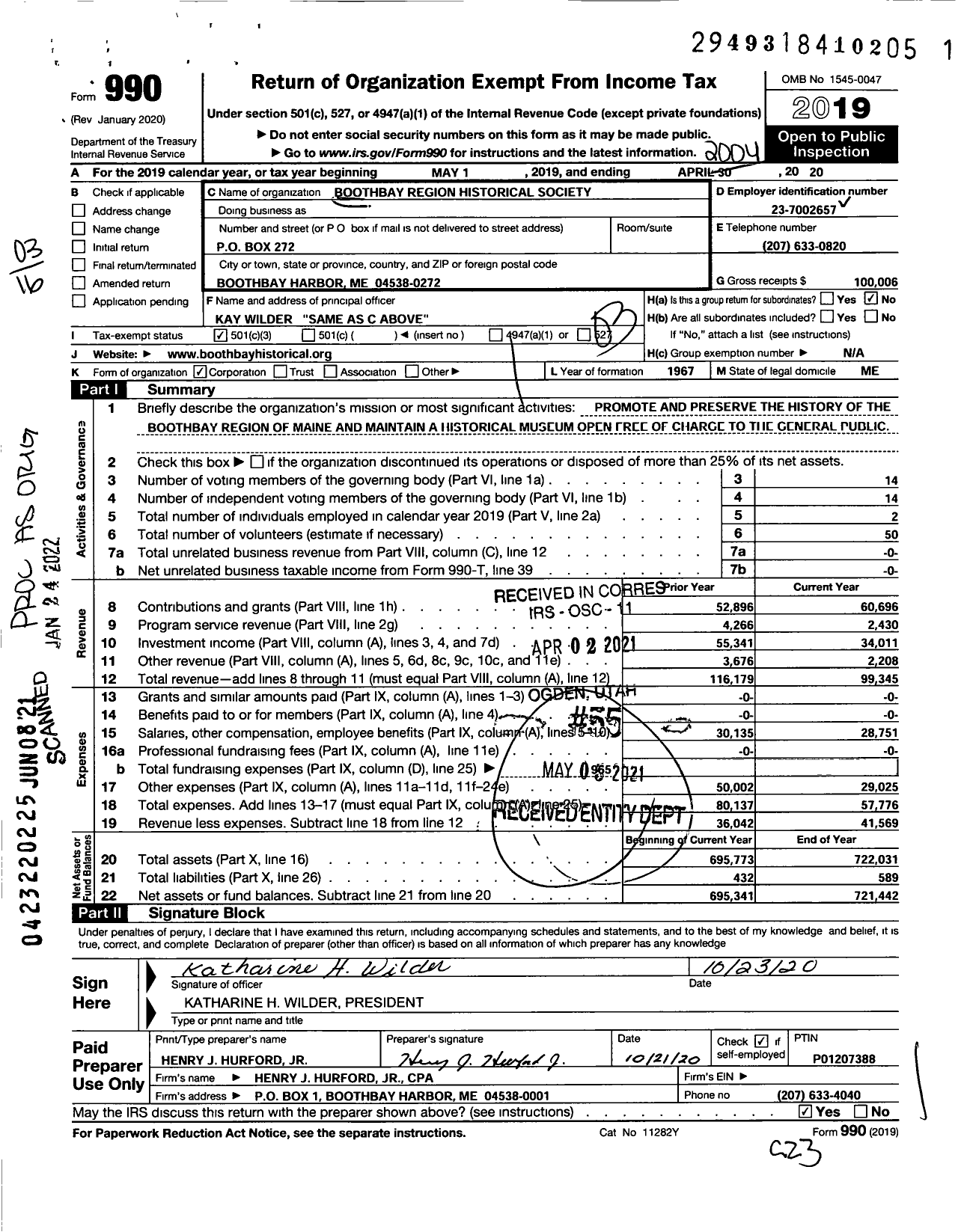 Image of first page of 2019 Form 990 for Boothbay Region Historical Society