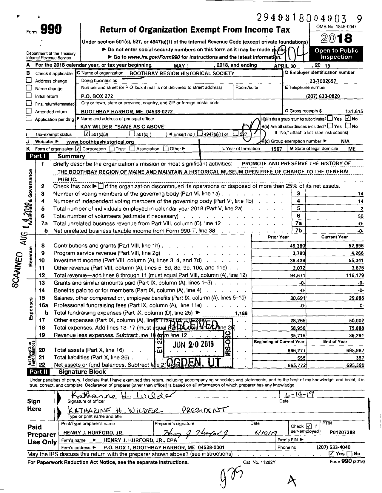 Image of first page of 2018 Form 990 for Boothbay Region Historical Society