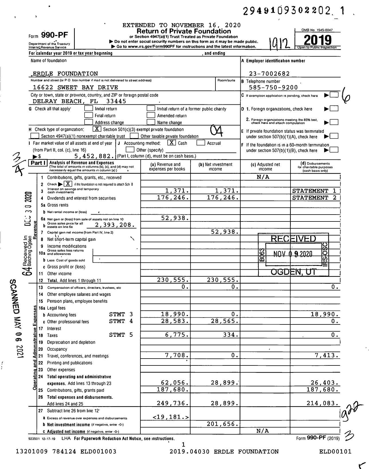 Image of first page of 2019 Form 990PF for Erdle Foundation