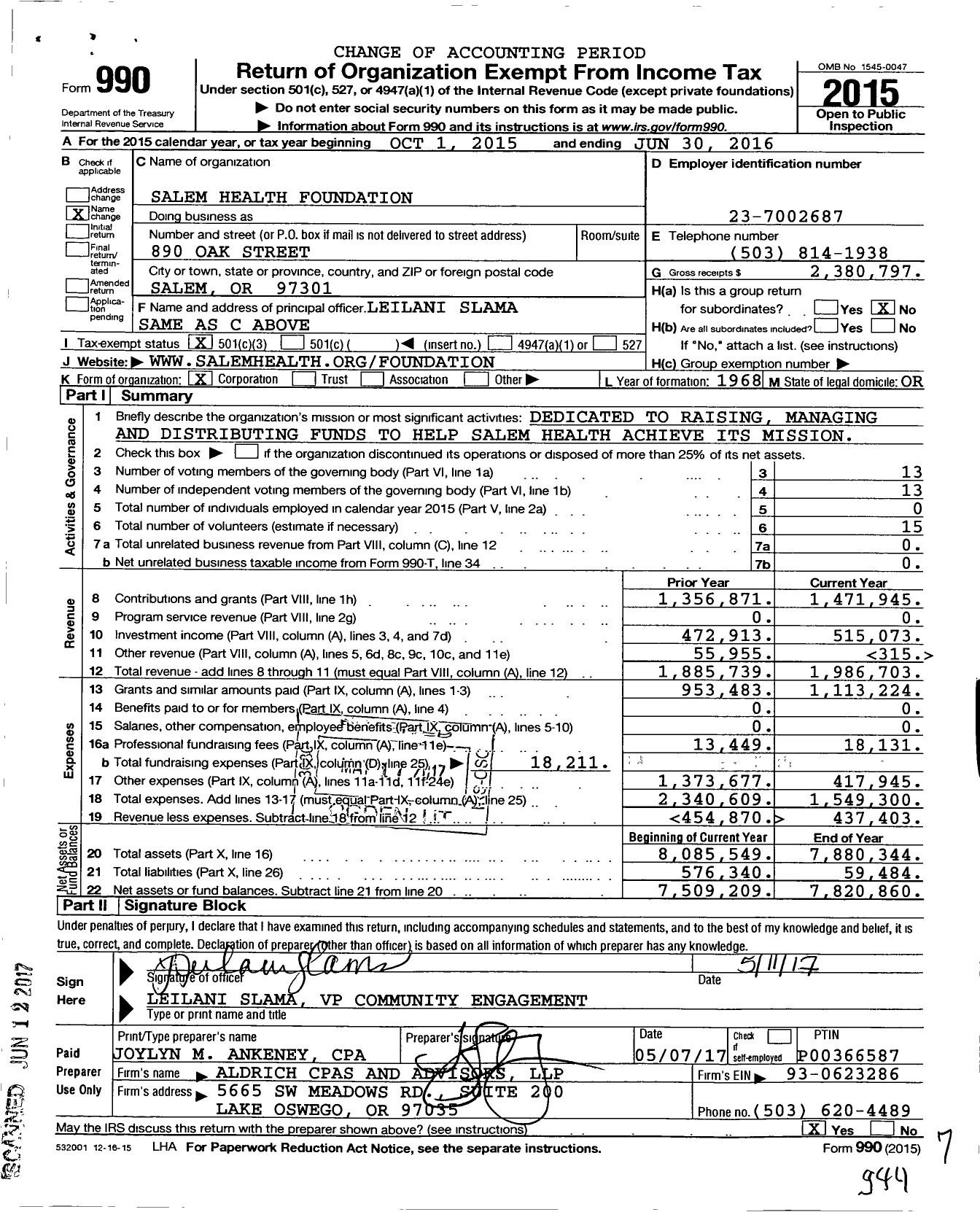 Image of first page of 2015 Form 990 for Salem Health Foundation