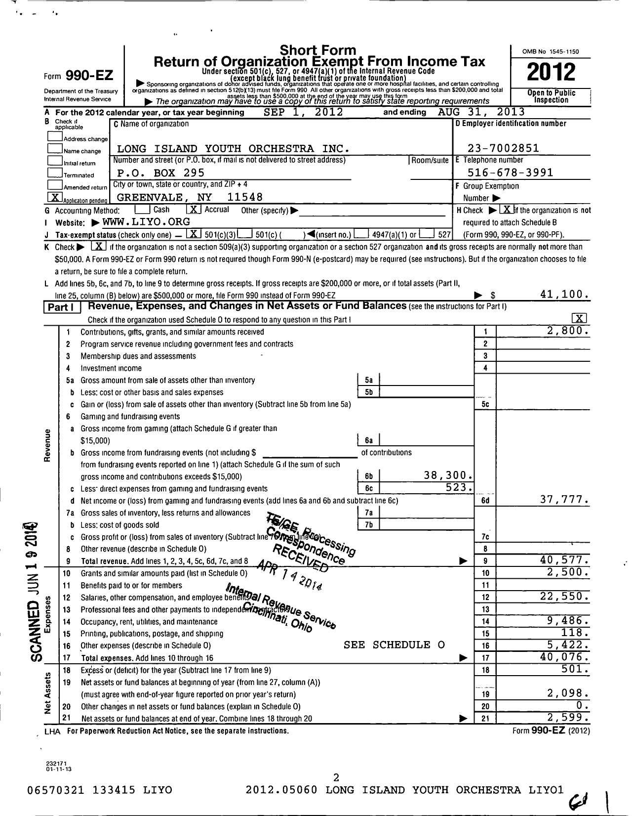 Image of first page of 2012 Form 990EZ for Long Island Youth Orchestra