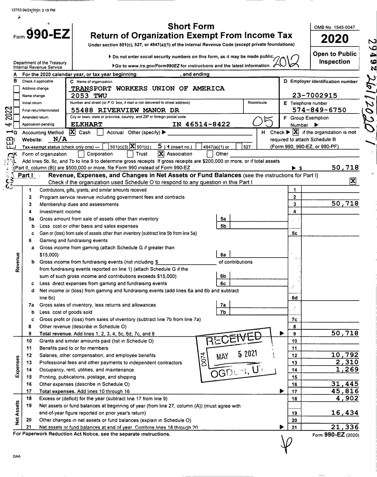 Image of first page of 2020 Form 990EO for Transport Workers Union - 2053 Twu