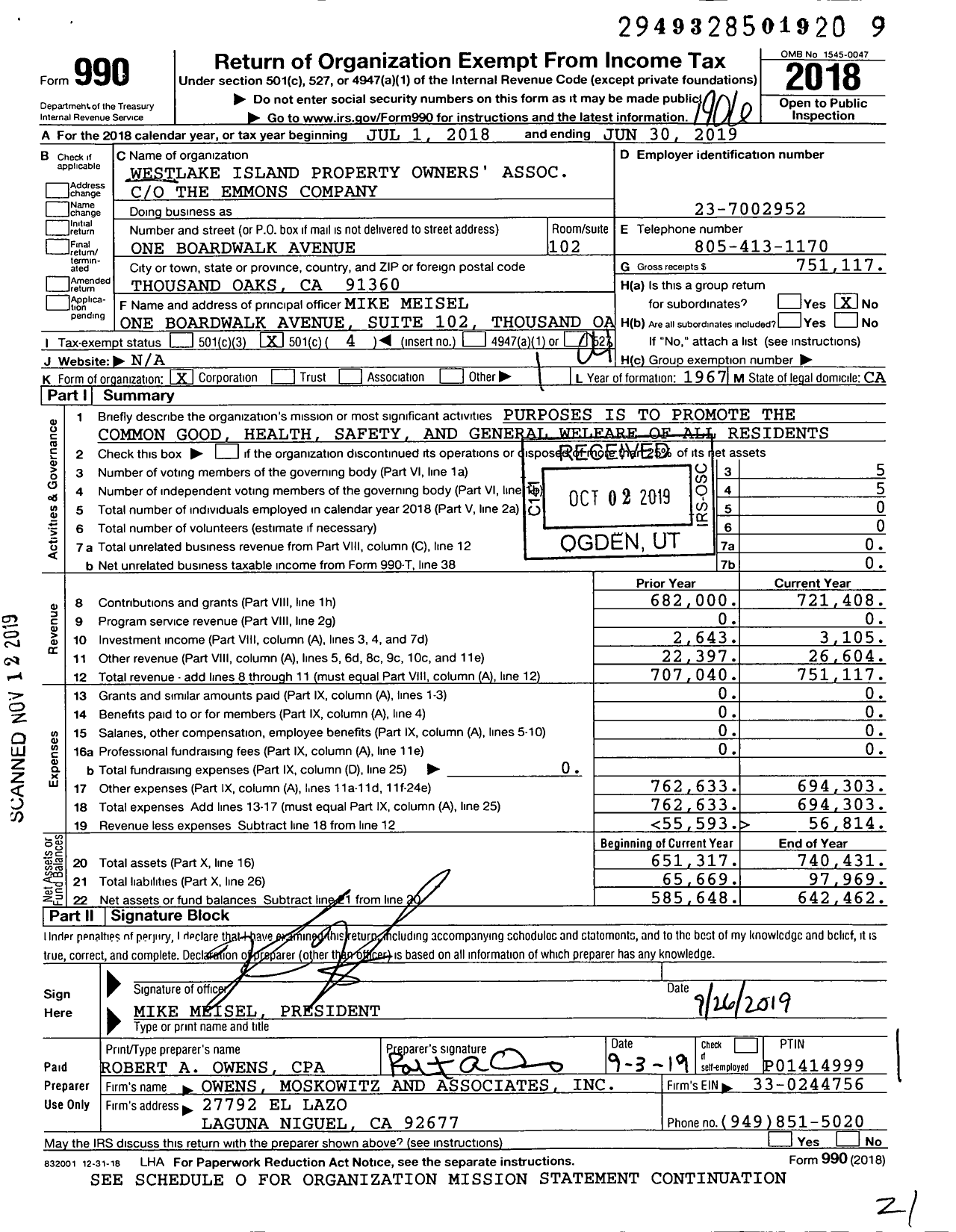 Image of first page of 2018 Form 990O for Westlake Island Property Owners' Association