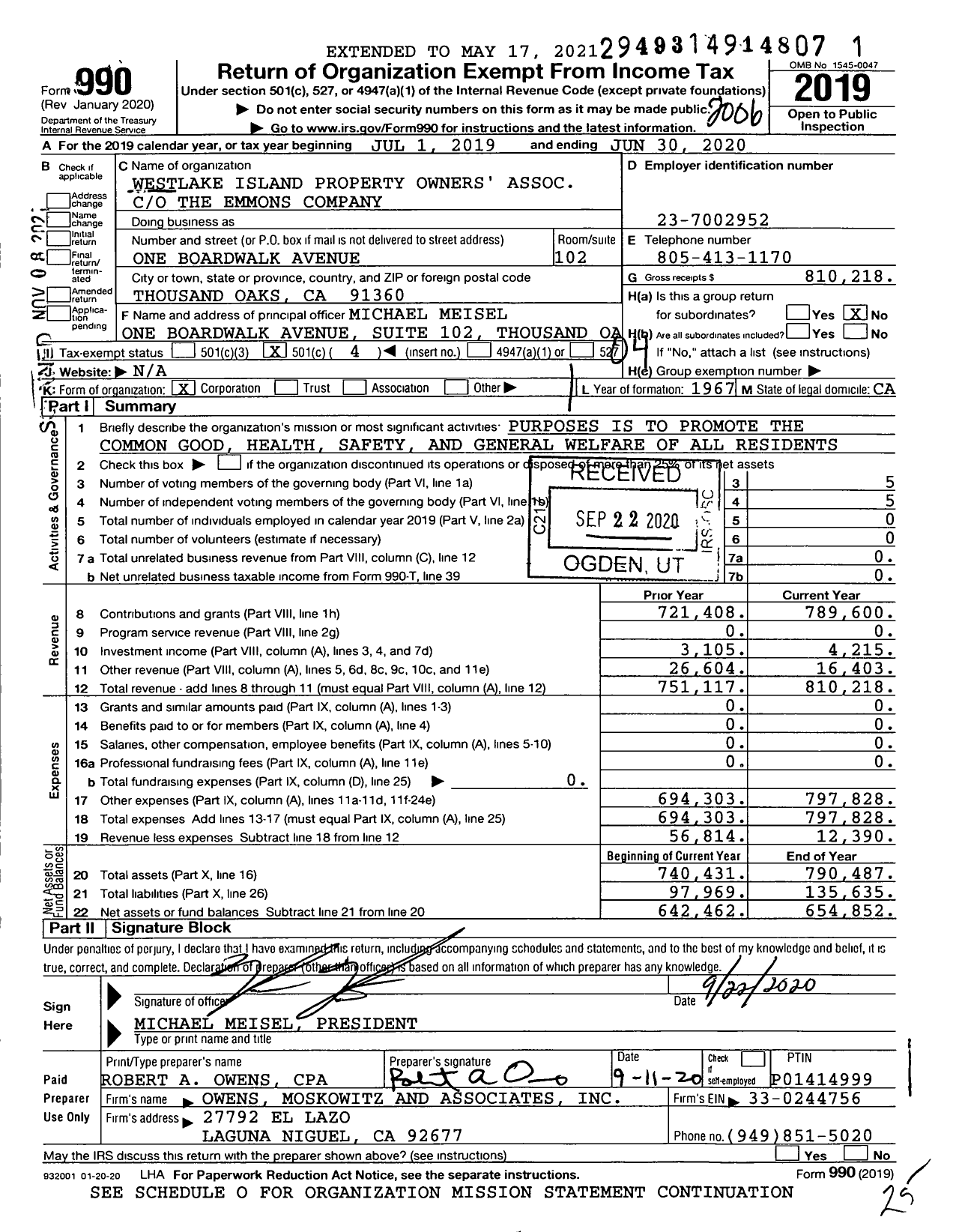 Image of first page of 2019 Form 990O for Westlake Island Property Owners' Association