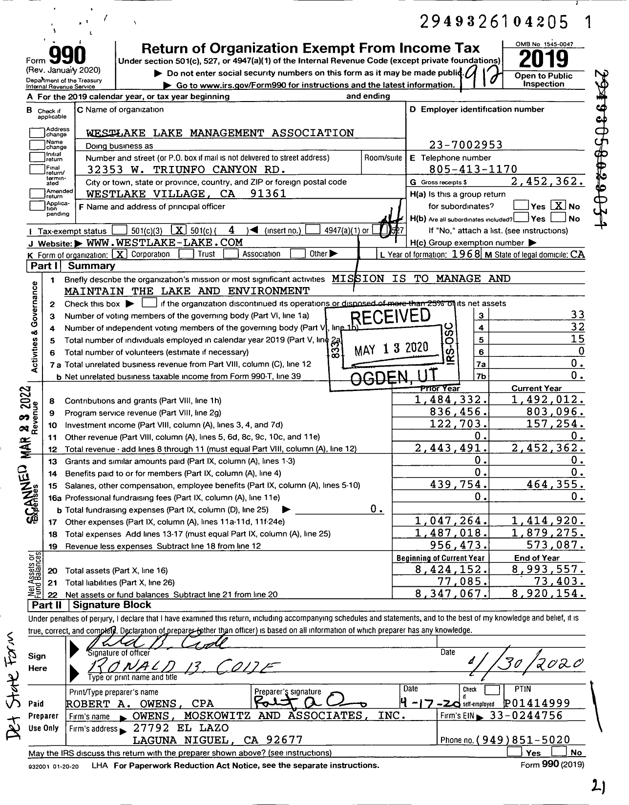 Image of first page of 2019 Form 990O for Westlake Lake Management Association (WLMA)