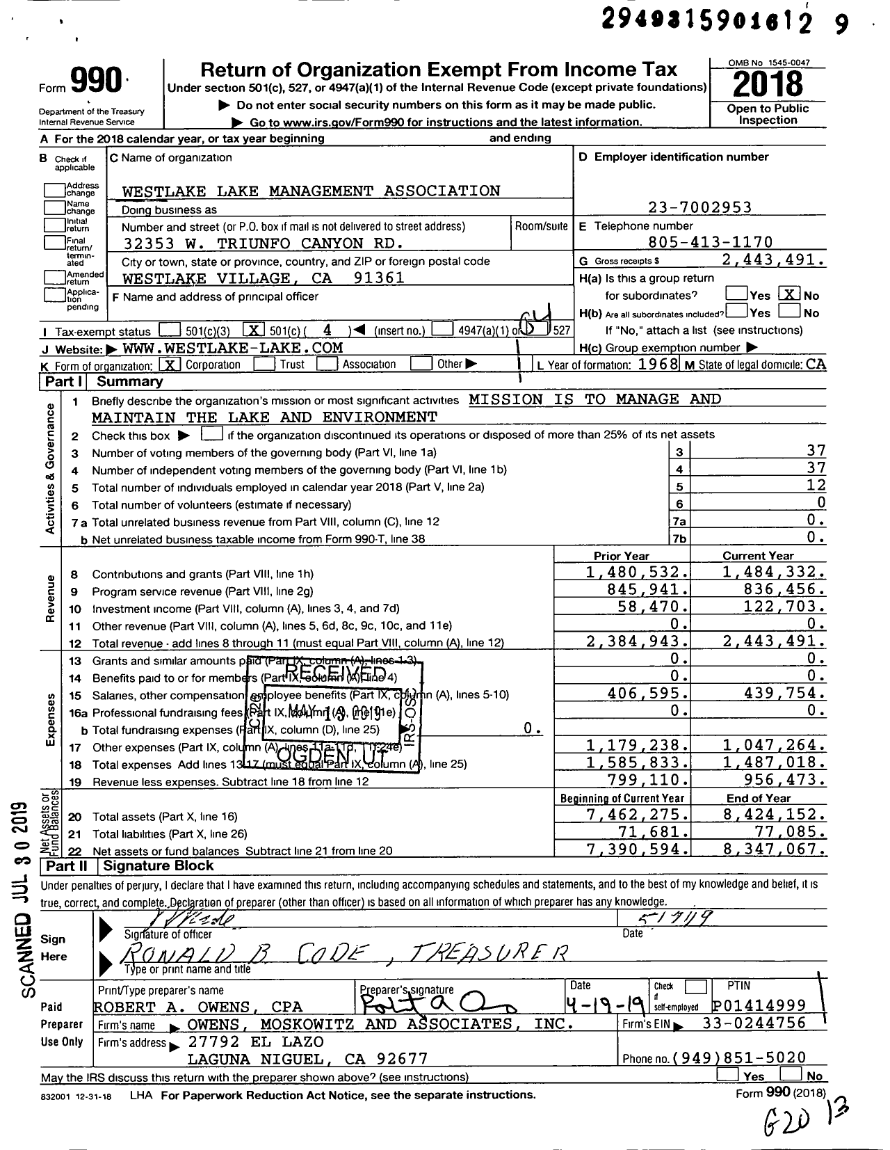 Image of first page of 2018 Form 990O for Westlake Lake Management Association (WLMA)