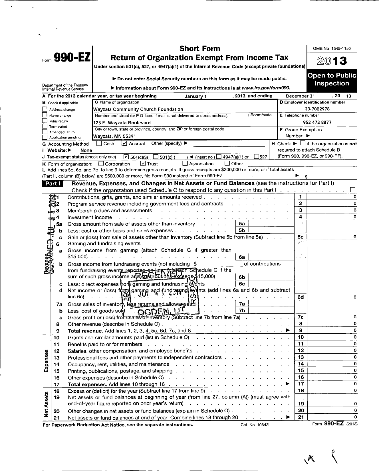 Image of first page of 2013 Form 990EZ for Wayzata Community Church Foundation