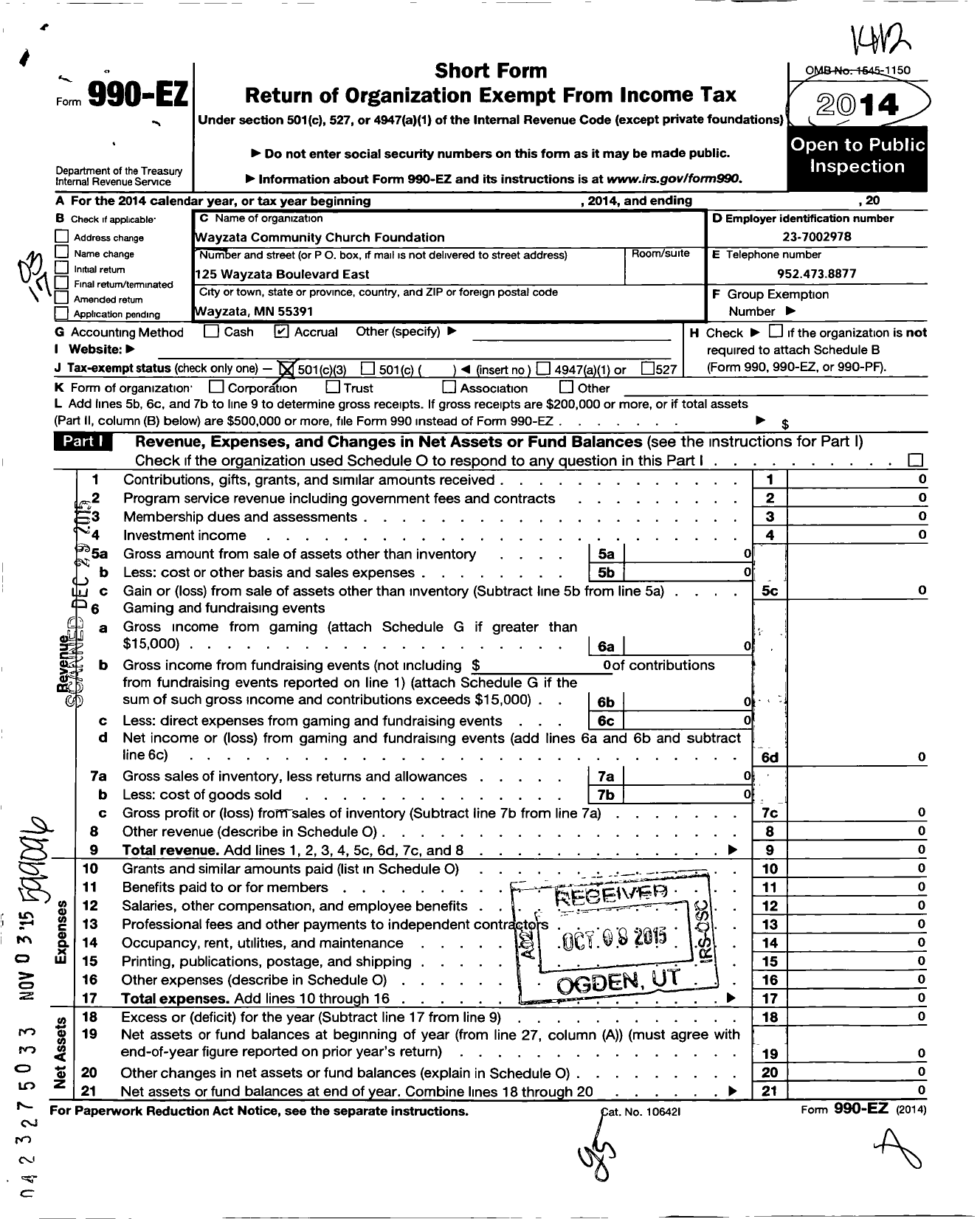 Image of first page of 2014 Form 990EZ for Wayzata Community Church Foundation