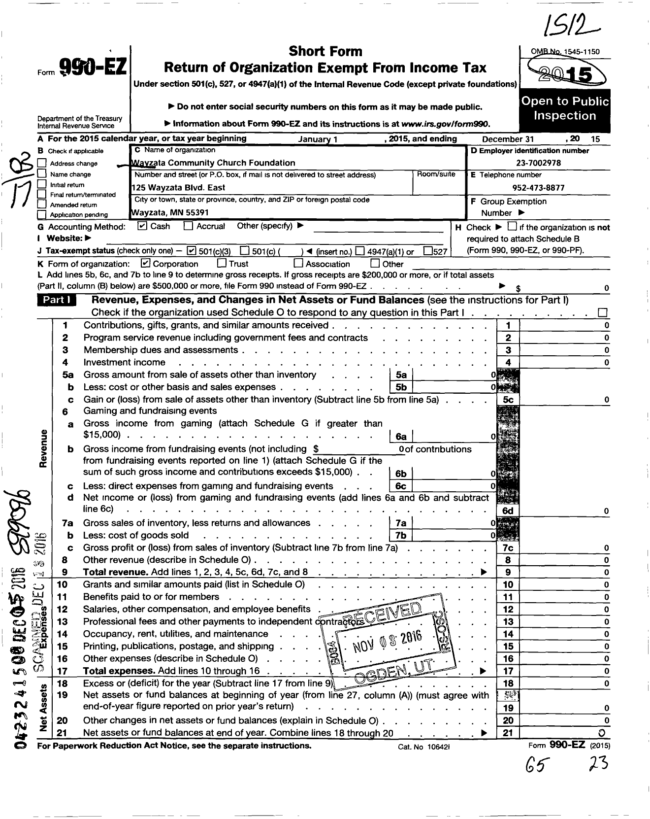 Image of first page of 2015 Form 990EZ for Wayzata Community Church Foundation