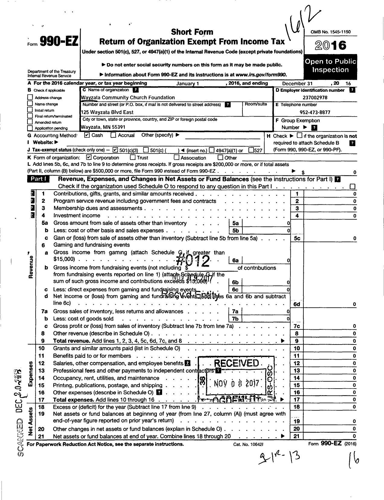 Image of first page of 2016 Form 990EZ for Wayzata Community Church Foundation