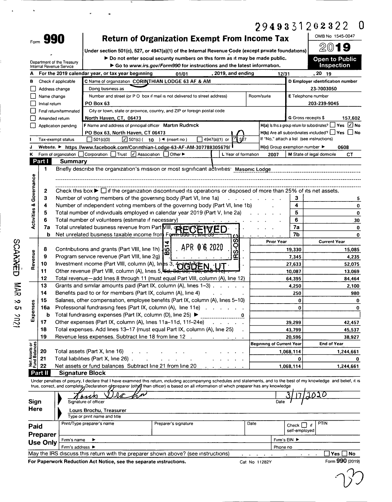 Image of first page of 2019 Form 990O for Ancient Free and Accepted Masons of Connecticut - 63 Corinthian Lodge