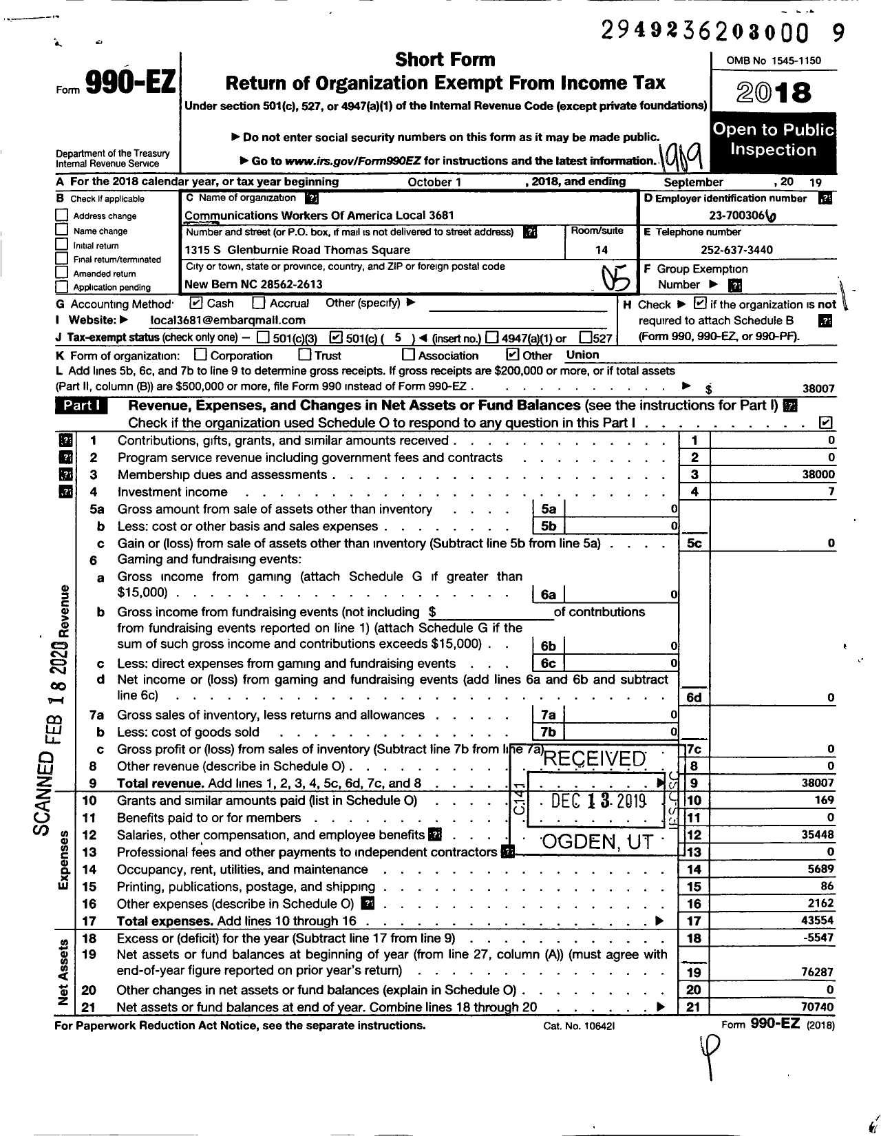 Image of first page of 2018 Form 990EO for Communications Workers of America - 3681 Local