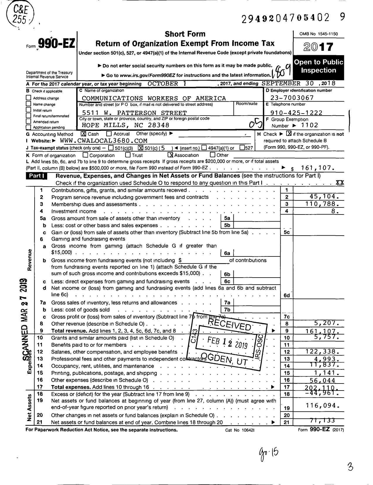 Image of first page of 2017 Form 990EO for Communications Workers of America - 3680 Cwa